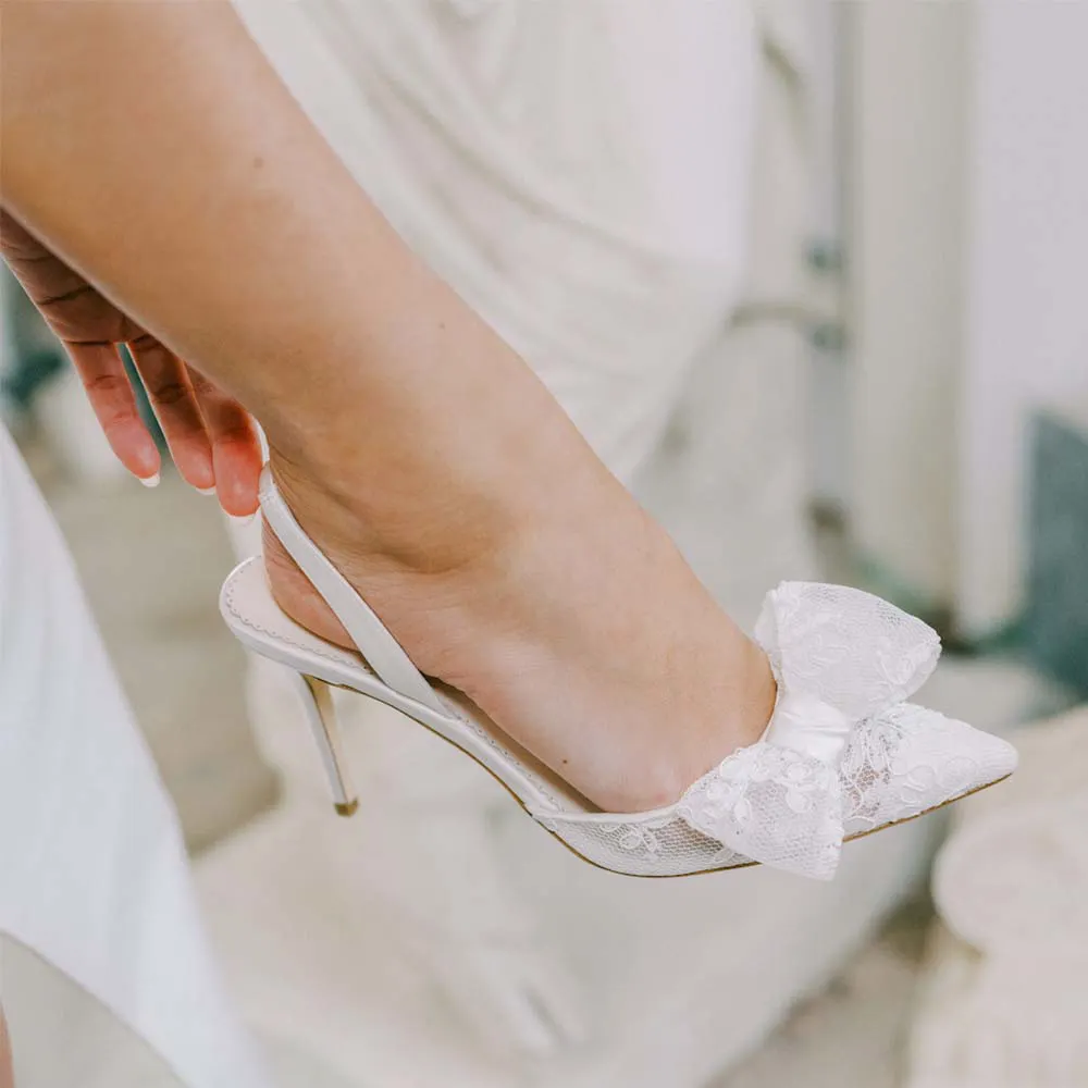 GOOSHOE White Pointed Stiletto Lace Pumps Slingback Wedding Shoes
