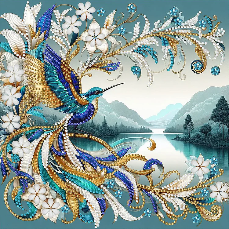 Hummingbird With Flowers By Lake 30*30CM (Canvas) Special Shaped Drill Diamond Painting gbfke