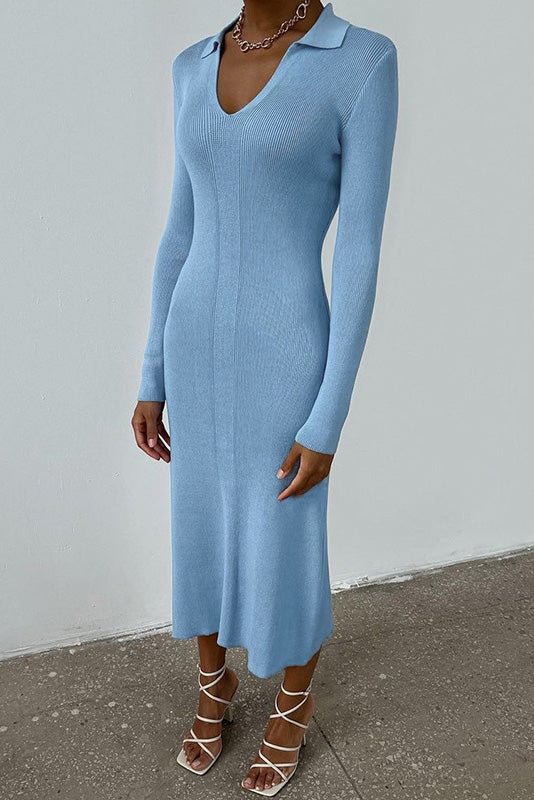 Light Sky Blue Long Sleeve V-Neck Dress - Life is Beautiful for You - SheChoic