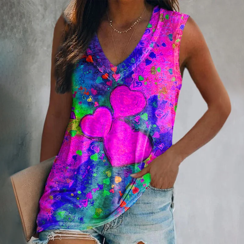 Colorful heart printed v-neck sleeveless vest designer