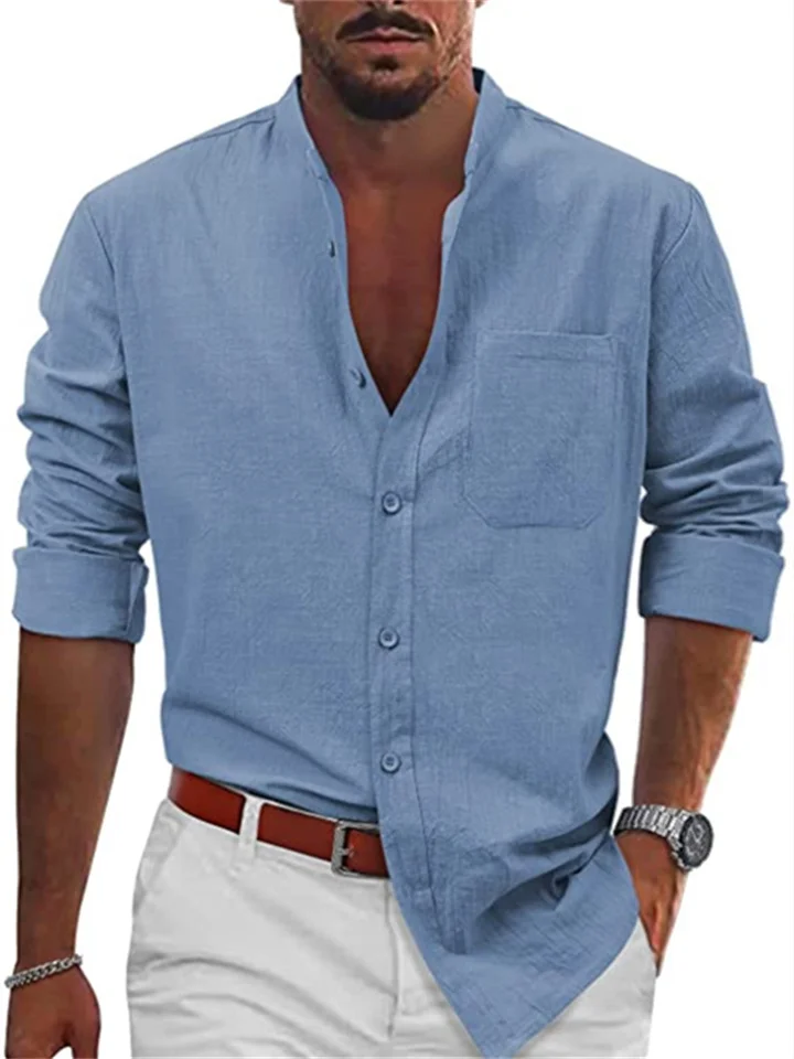 Mens Casual Tie Button Long Sleeve Cotton Linen Shirt Beach Shirt Casual Shirt Tops-Cosfine