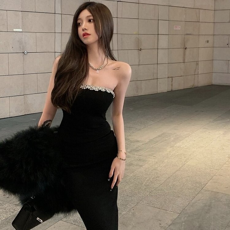 Black Slash Neck Bling Rhinestone Strapless Irregular Vintage Party Dresses Elegant Dress PE184
