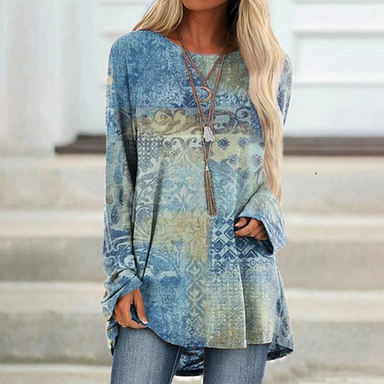 Vefave Vintage Print Crew Neck Long Sleeve Tunic