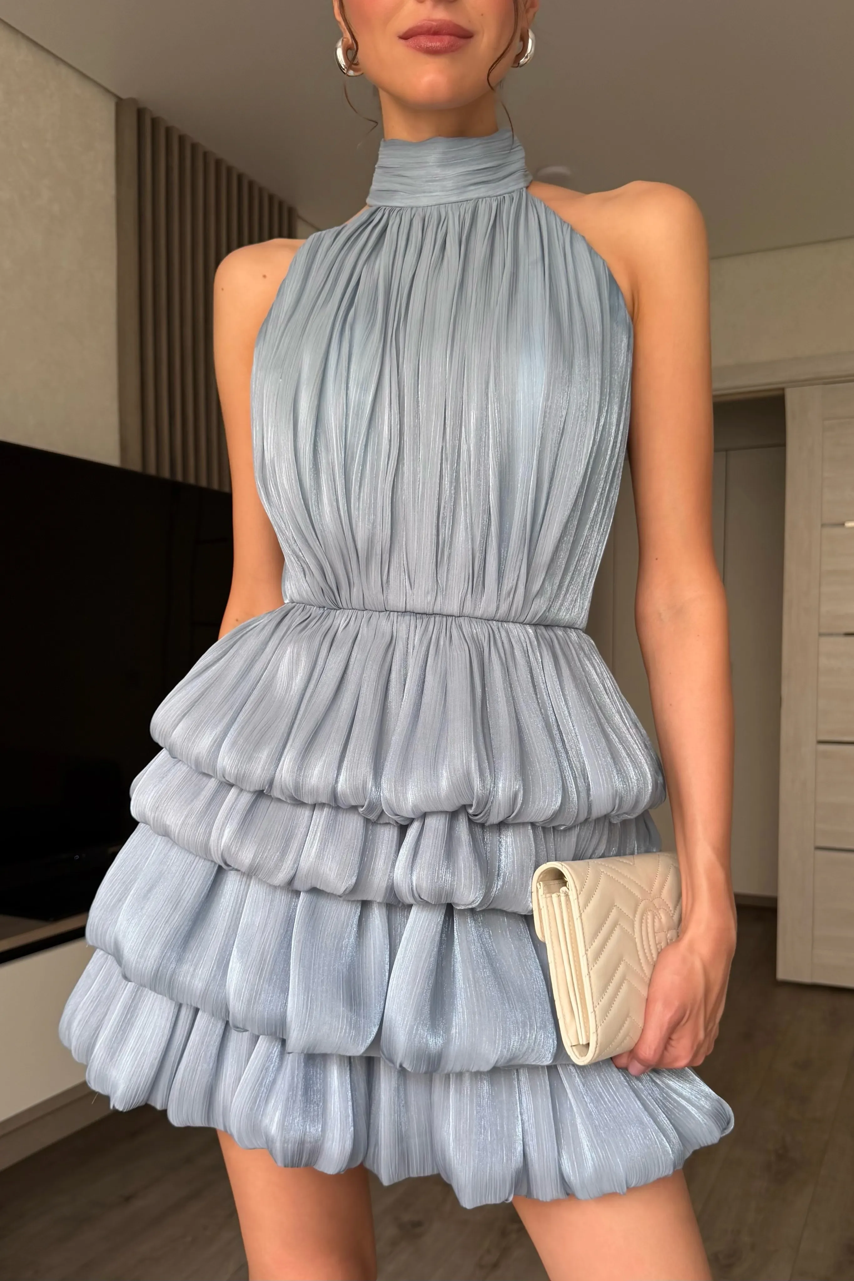 Stunning Dusty Blue Halter Homecoming Dress with Tiered Ruffle Mini Hem