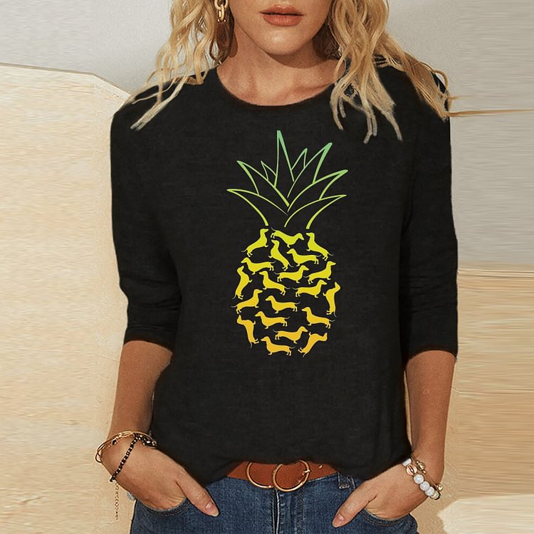 Vefave Pineapple Dog Print Crew Neck Casual T-Shirt
