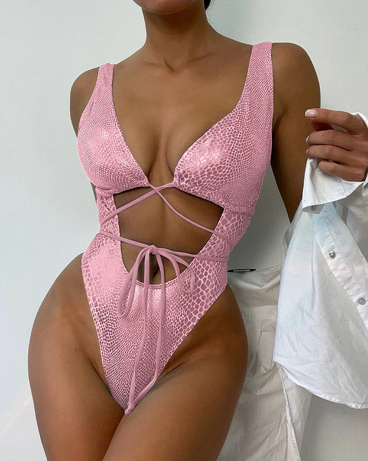 Solid Color Sleeveless Tie One Piece Swimsuit