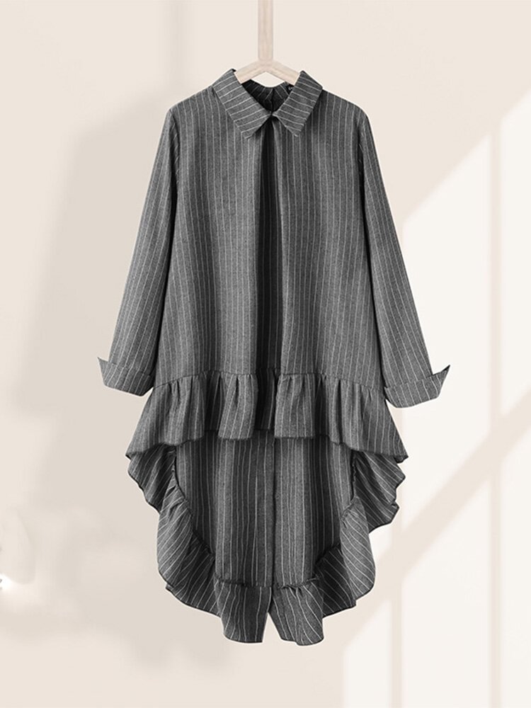 Striped Long Sleeve Turn down Collar Ruffle Hem Asymmetrical Blouse For Women P1742782
