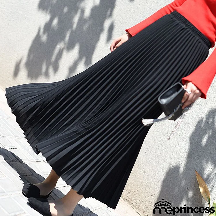 Elegant Women Autumn And Winter Solid Color Long Plus Size Pleated Skirt
