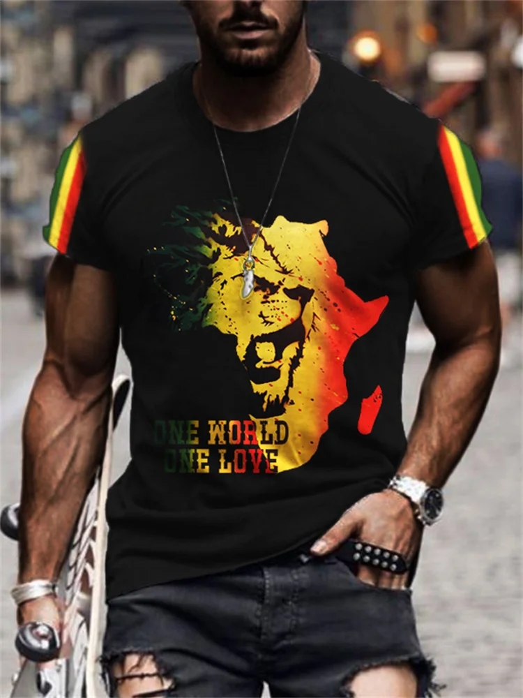 BrosWear Men's Africa Map One World One Love Rasta Lion T Shirt