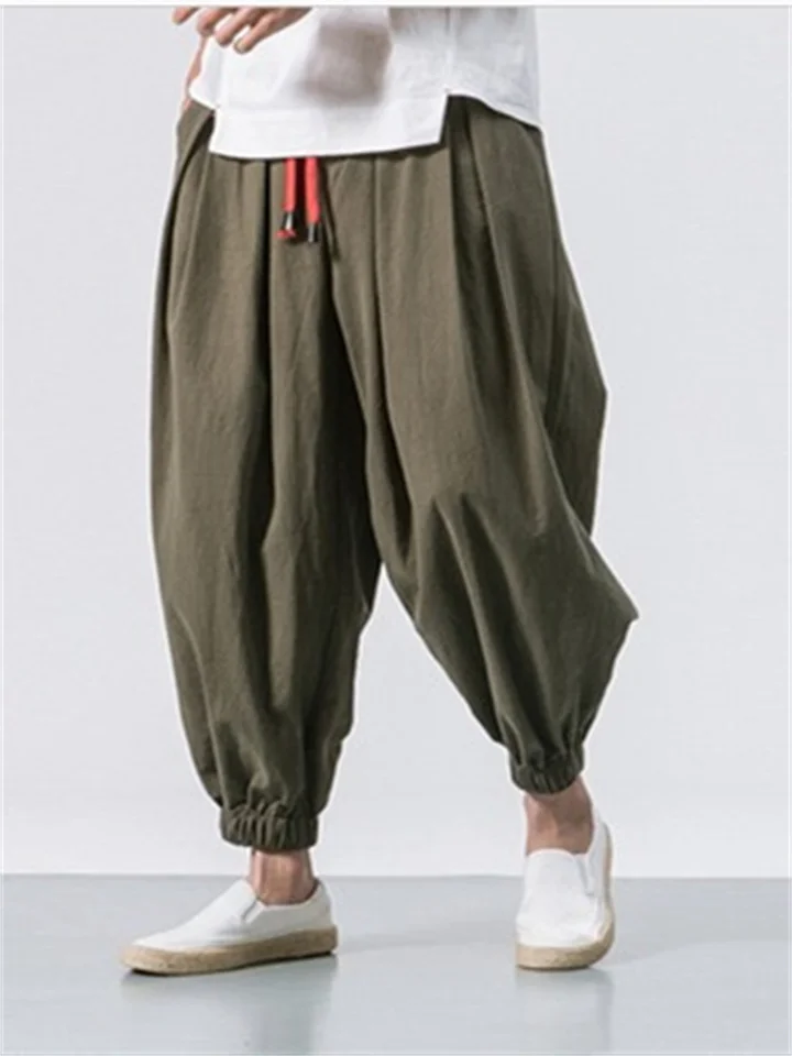 Harem Linen Pants for Men Plus Size Yoga Pants Premium Cotton Long Pants Casual Elastic Waist Drawstring Hippie Beach Pants Black