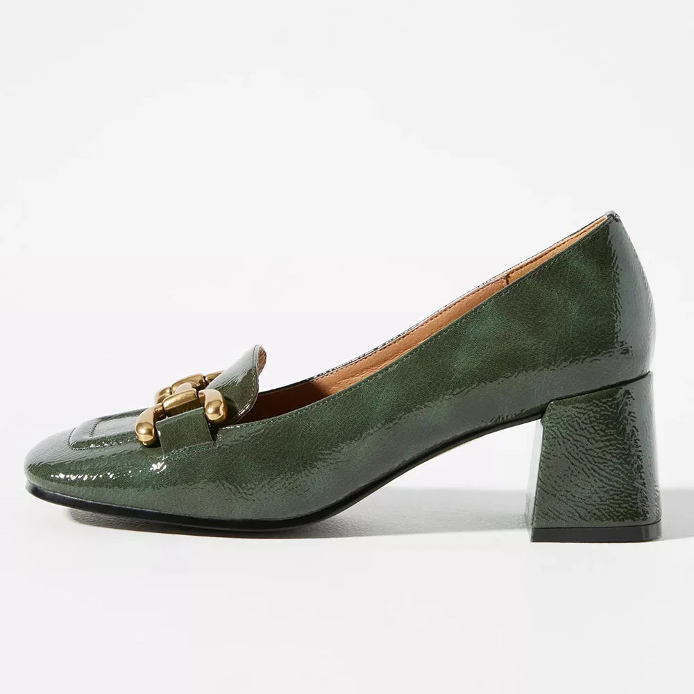Women's Vintage Green Square Toe Slip-On Horsebit Loafer Heels Nicepairs