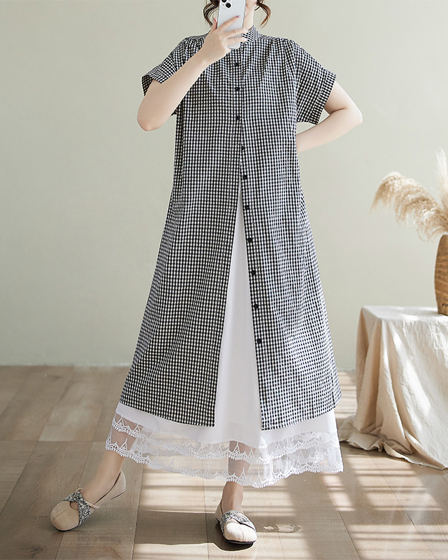 Gingham Checkered Short Sleeve Stand Up Collar Button Split Midi Dress