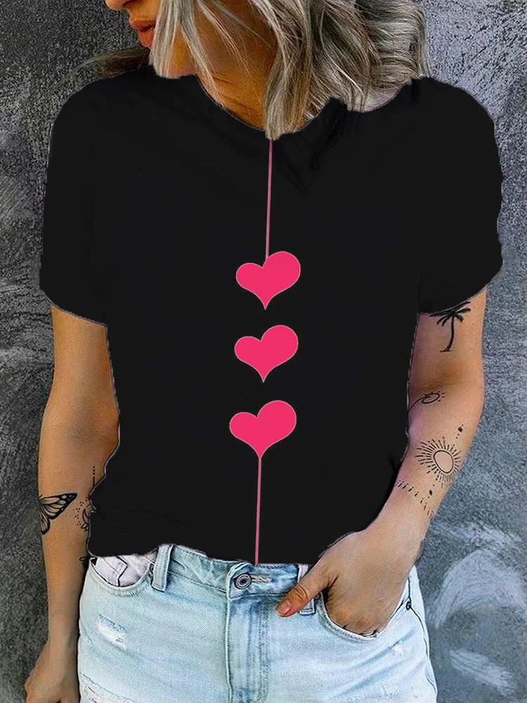 Valentine's Day Hearts Print Short Sleeve Casual T-Shirt