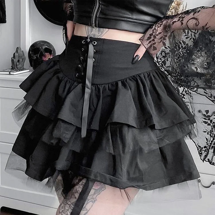 Gothic Black Party Patchwork Mesh Lace Up Ruffle High Waist Tiered Skirt