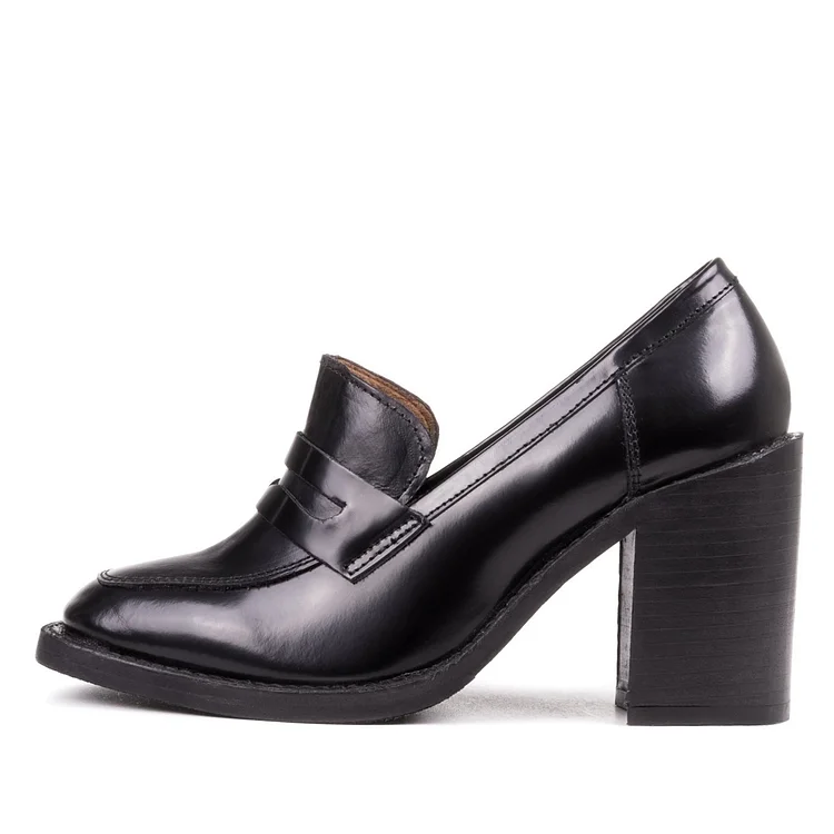 Black Patent Leather Loafers with Block Heel Vdcoo