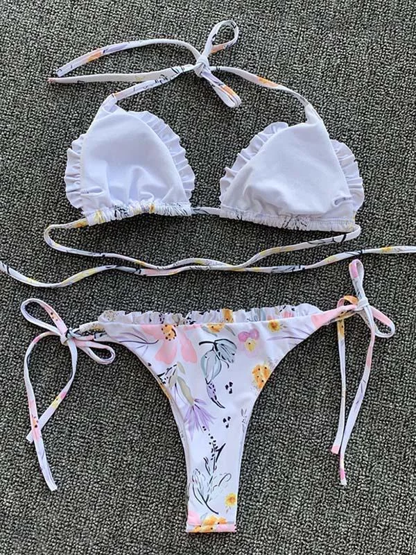 Floral Print Ruffled Triangle Split Bikini Swimsuit