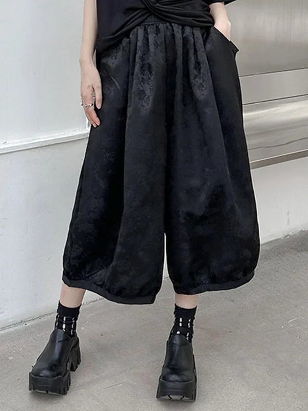 Roomy Wide Leg Elasticity Jacquard Pure Color Ninth Pants
