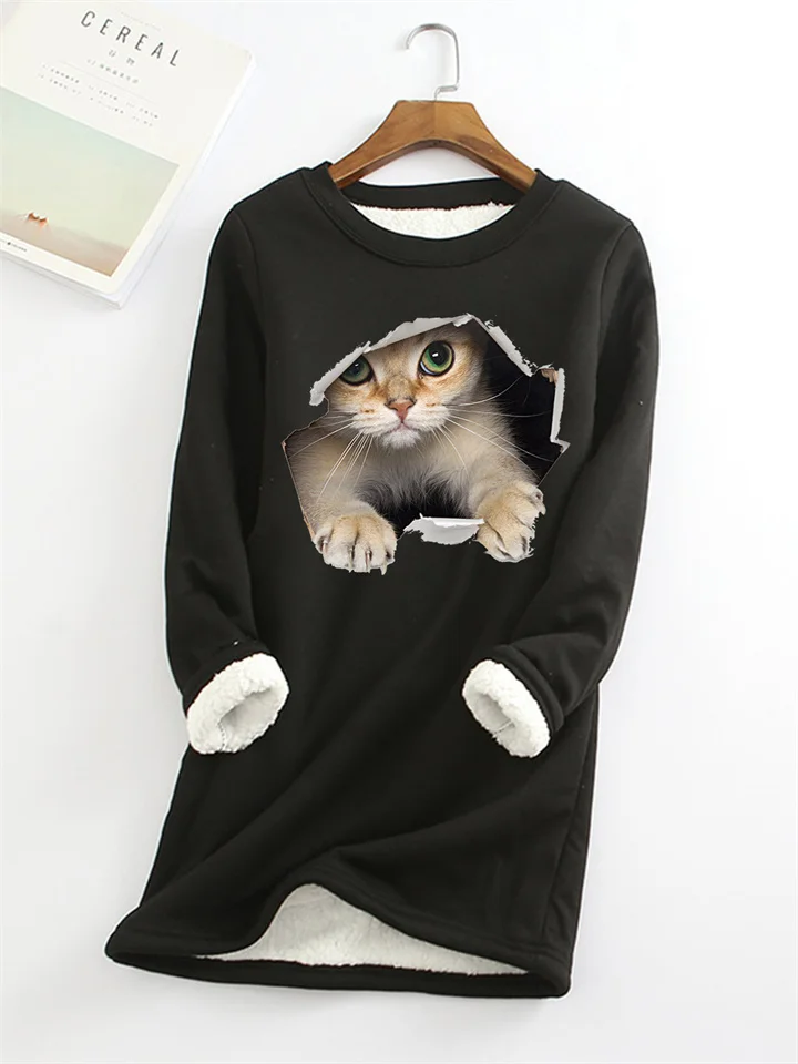 Women's Sweatshirt Pullover Sherpa Fleece Teddy Denim Blue Green Black Cat Street Round Neck Long Sleeve S M L XL 2XL 3XL