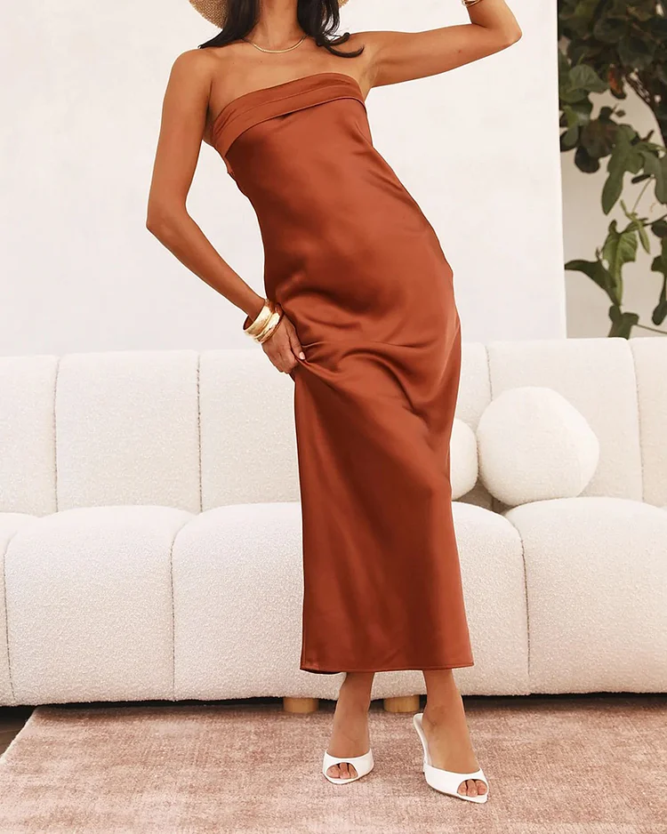 Solid Color Wrapped Bust Elastic Backless Knit Satin Sexy Dress