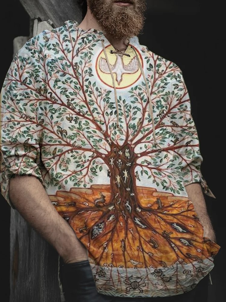 Men's printed cotton linen long sleeved shirt