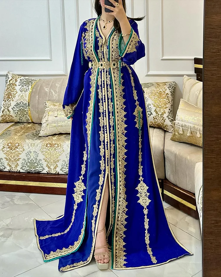 Women's V Neck Long Sleeve Embroidered Dress