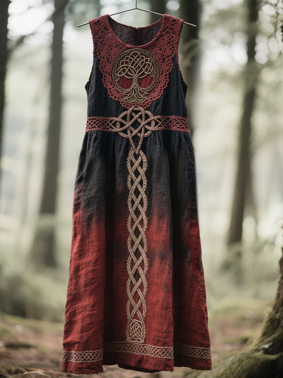 Retro Viking Tree Of Life Print Vintage V-Neck Sleeveless Lace Patch Dress