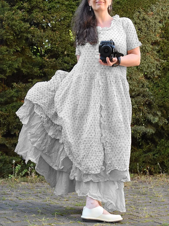 Round Neck Soft Floral Short Sleeve Linen Dress