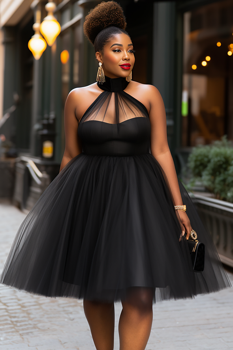 Xpluswear Design Plus Size Cocktail Party Black Halter Collar See Through Tulle Mini Dresses