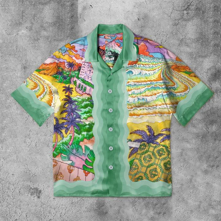 Rainbow literary style printed casual short-sleeved shirt after the rain