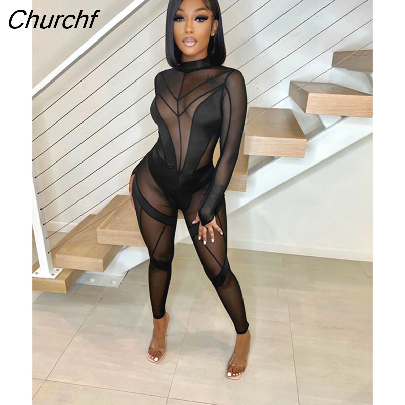 Churchf Sexy Sheer Mesh Patchwork Black Bodycon Jumpsuit One Piece Club