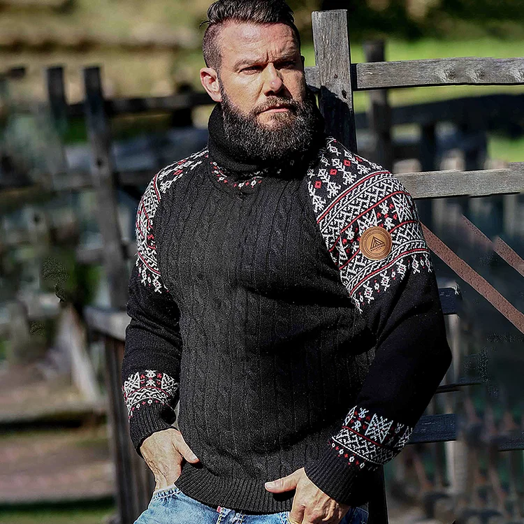 Vintage Viking Totem Art Warmth Knit Jacquard Turtleneck Sweater