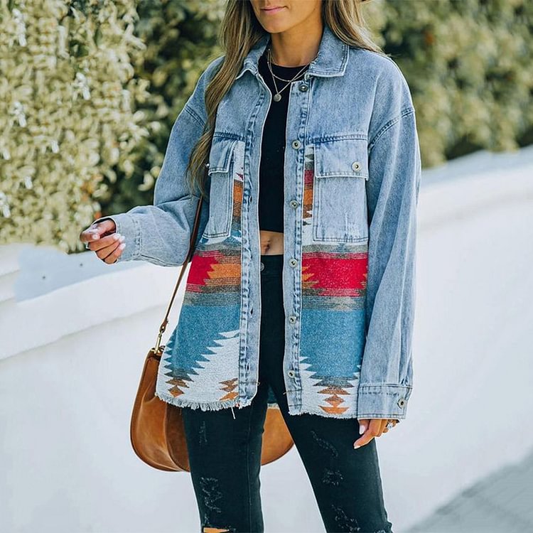 Comstylish Lapel Pocket Denim Stitching Woolen Jacket