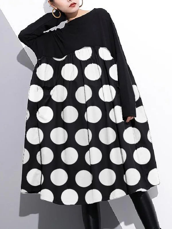 Black & White Polka-Dot Split-Joint Midi Dress