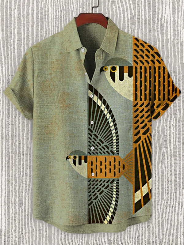 Men's Retro Flying American Kestrels Art Print Linen Blend Shirt