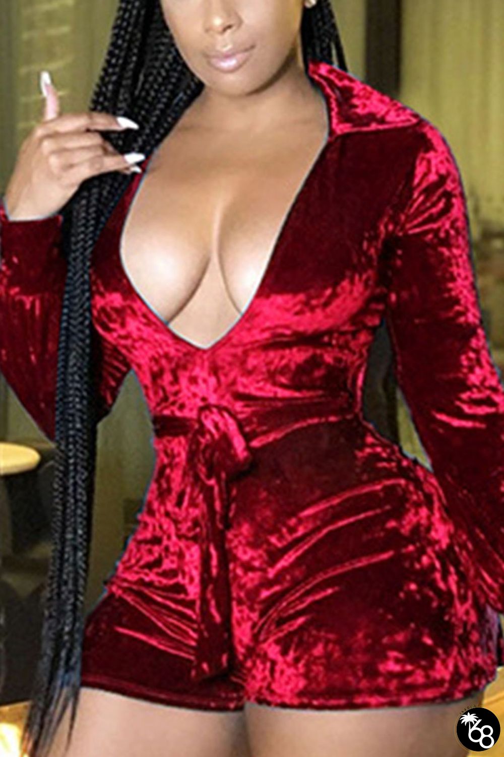 Red Sexy Velvet Solid V Neck Skinny Rompers | 168DEAL