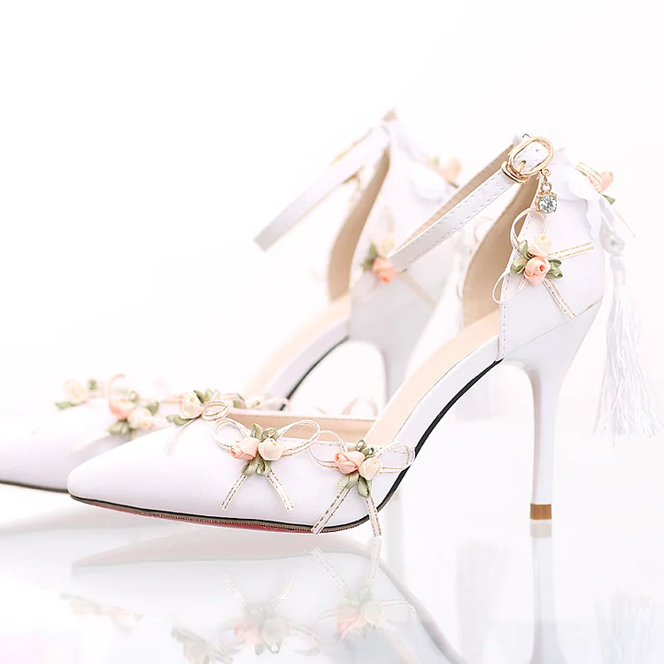 White Floral Embellished Ankle-Strap Stiletto Heels Vdcoo