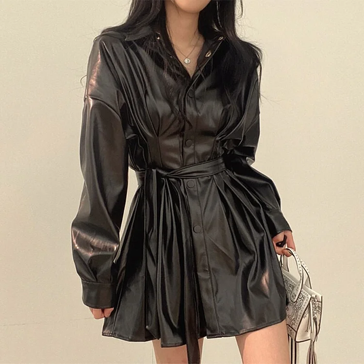 Elegant Balck Lapel Single-breasted Lace-up Long Sleeve PU Leather Mini Dress (Jacket)