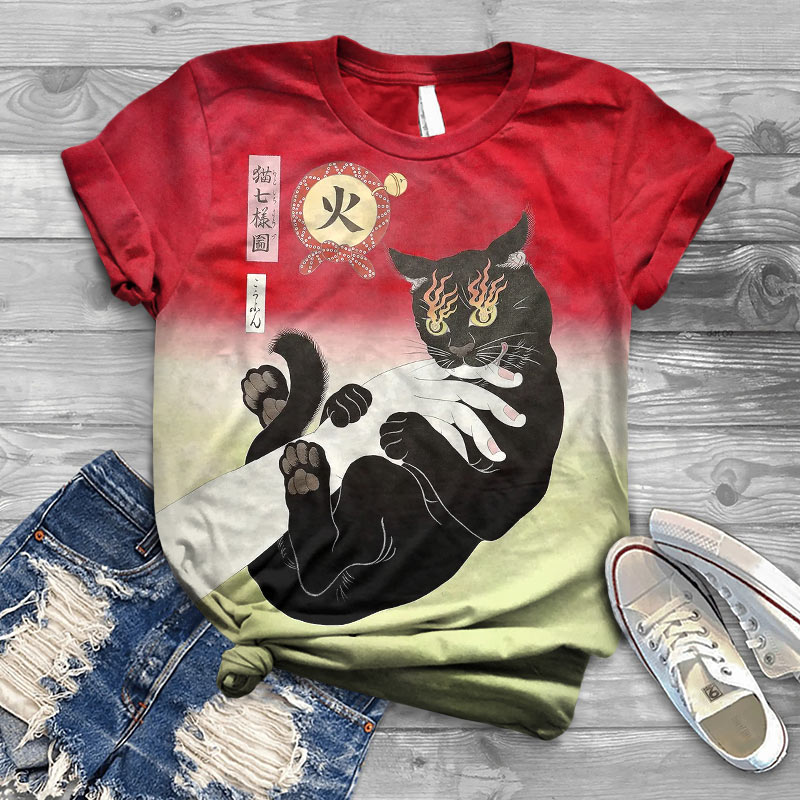 Japanese Angry Cat Demon Print T-shirt