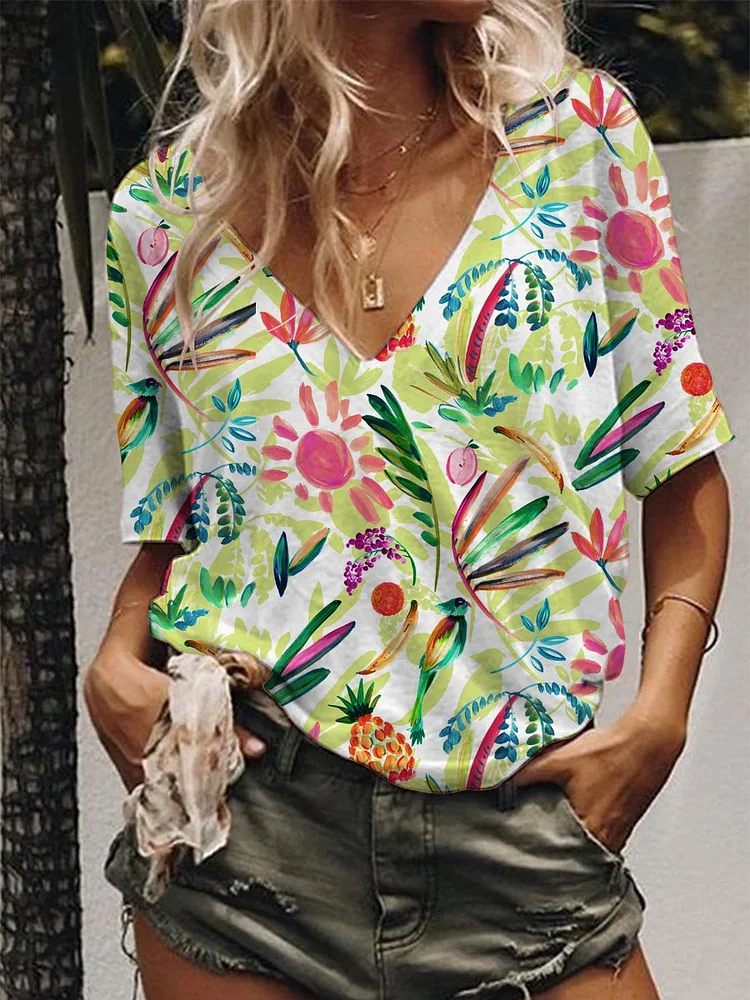 Bestdealfriday Tropical Plant Graphic V Neck Short Sleeved Tee
