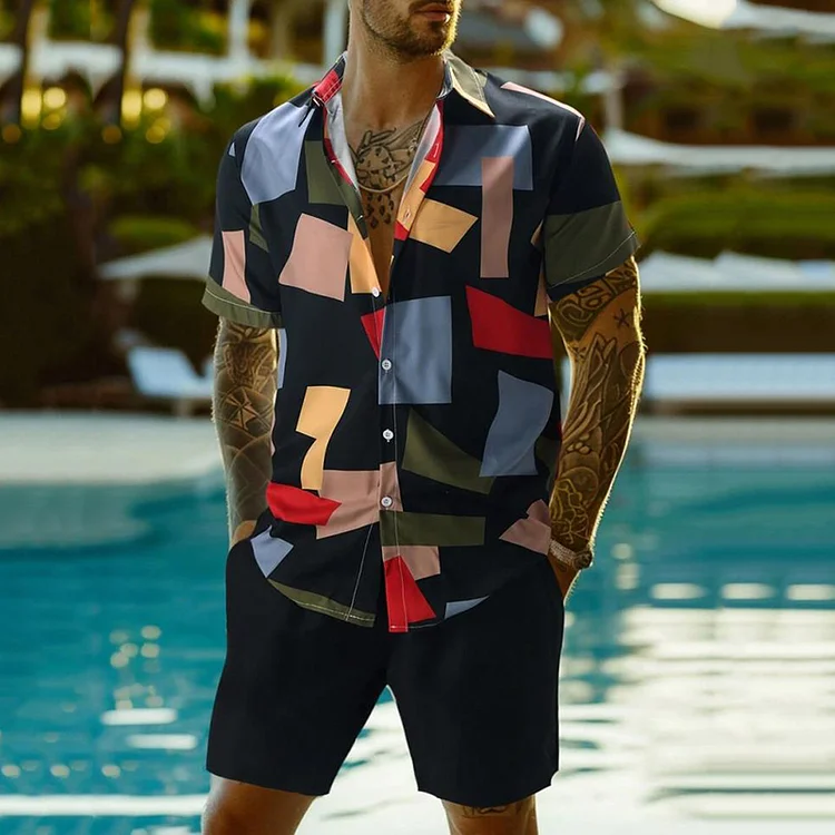 Comstylish Hawaiian Vacation Color Blocking Print Shirt Short Sleeved Two Piece Set