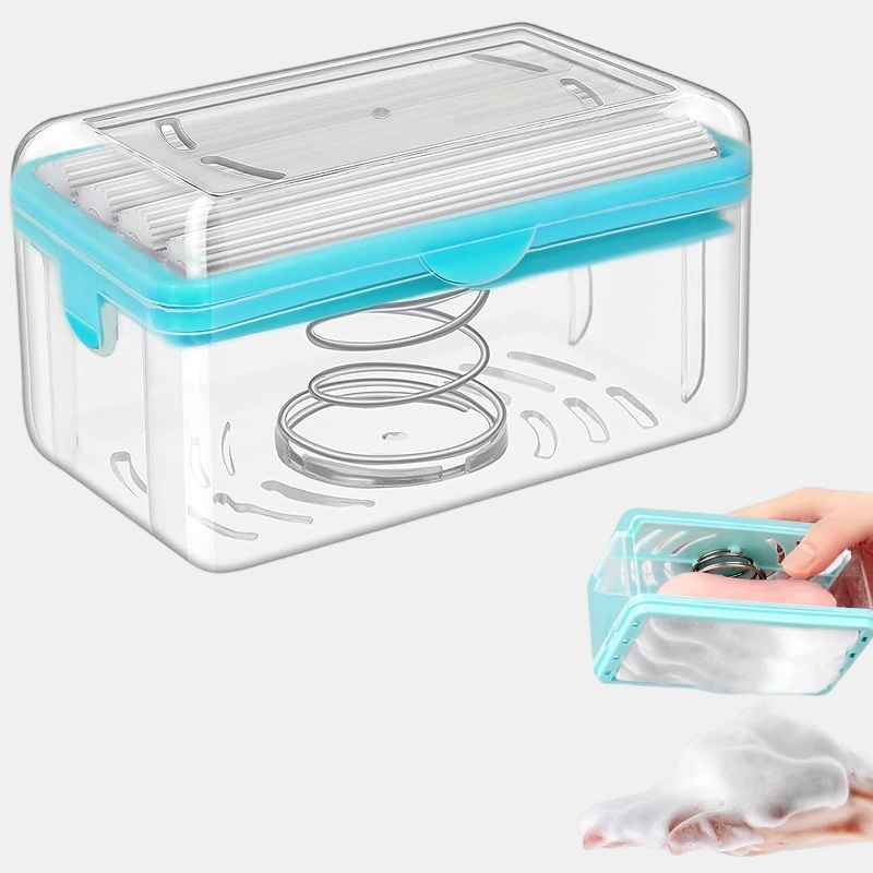 Foaming Soap Dish with Soap Box Rollers Bubbler Transparent Soap Tray Soap Saver Box Case for Bathroom/Camping/Gym/Business Trip