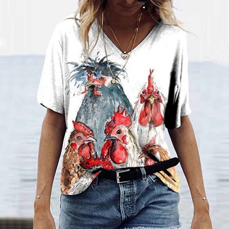 Vefave Short Sleeve Watercolor Chicken Print T-Shirt