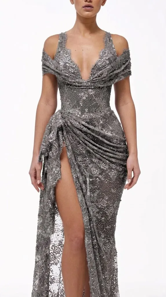 Lace Deep V-Neck Off-The-Shoulder Sleeveless Sweep Pleated Prom Dress With Sequins And High-Slit | PM0098 Wellcucu