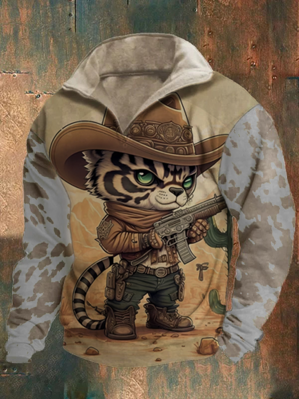 Men's Cute Cowboy Western Tiger Print Lapel Collar Sweatshirt