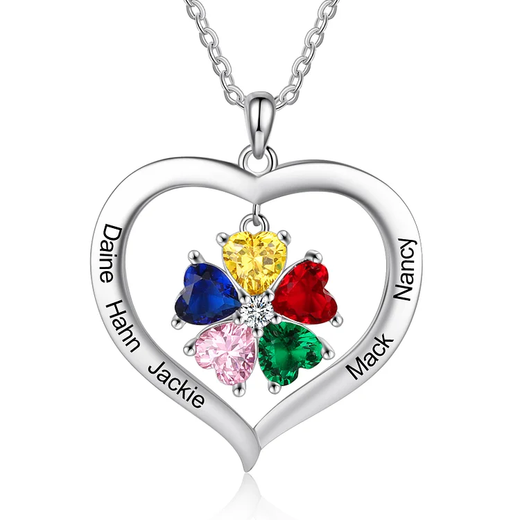 Personalized Heart Pendant Necklace with 5 Birthstones Custom 5 Names Family Necklace