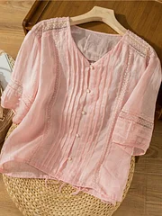 Pure Color V Neck 3/4 Sleeve Casual Linen Top