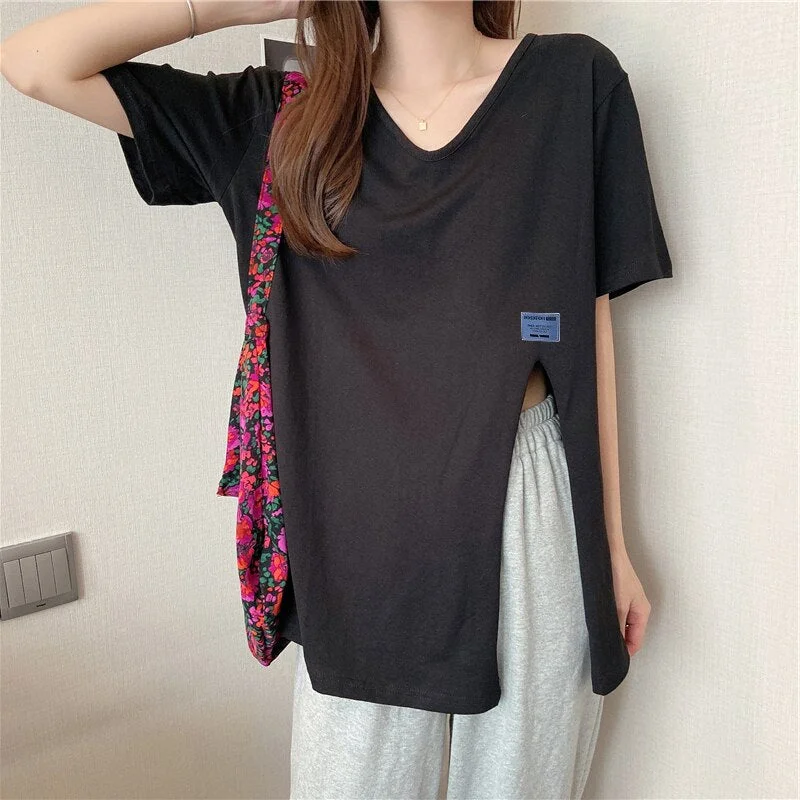 Back to School Pink Short Sleeve Women T Shirts Solid Color Fashion Split Female Tshirt Oversized 2022 New Summer Loose Tops Streetwear