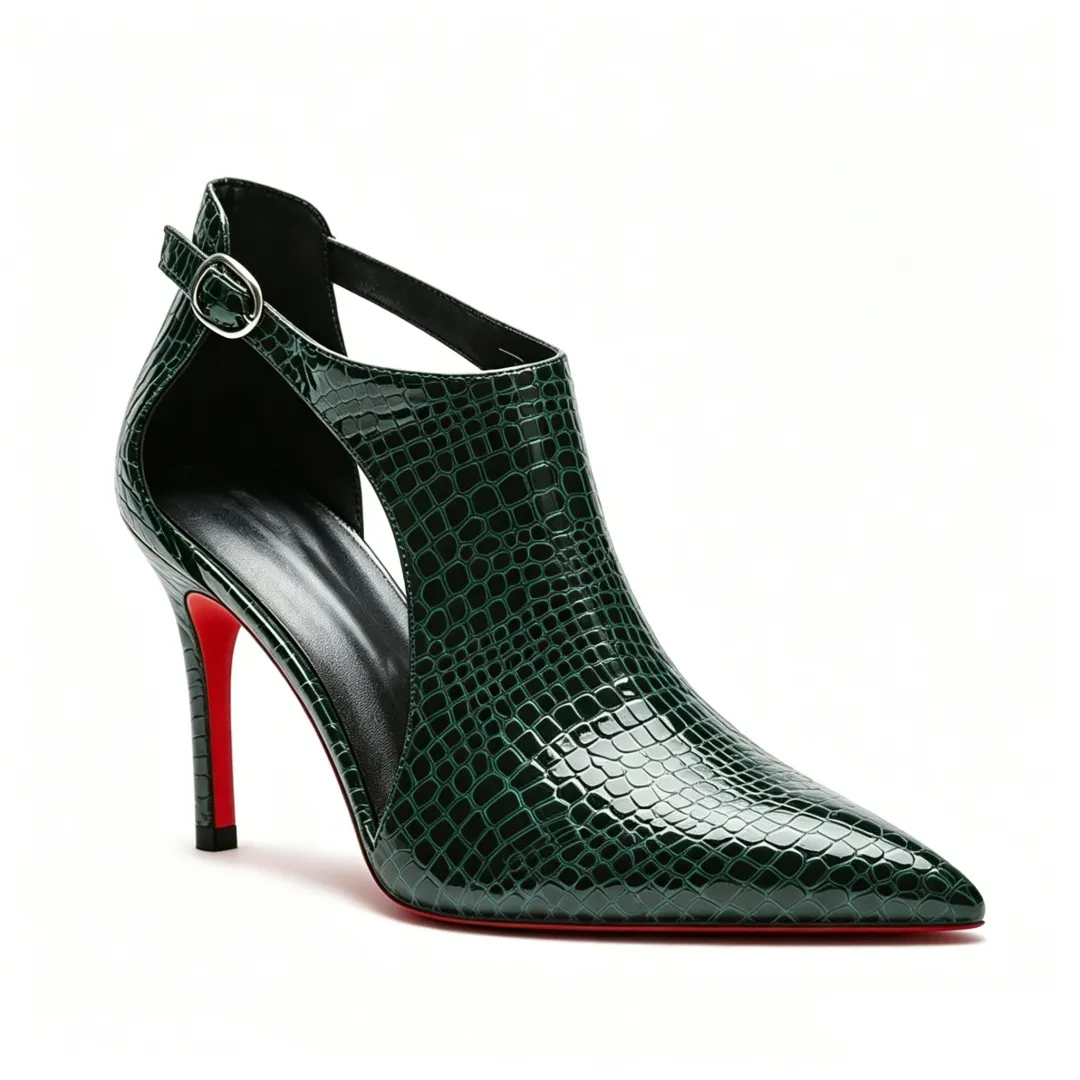 90mm Hollow Side Croc Patent Buckle Strap Booties Red Bottom-MERUMOTE