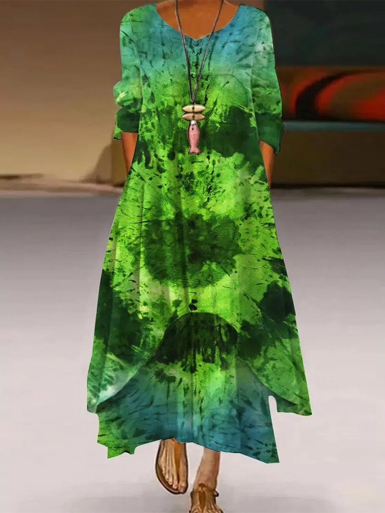 Tie Dye Printed Crew Neck Casual Long Dress P168364530