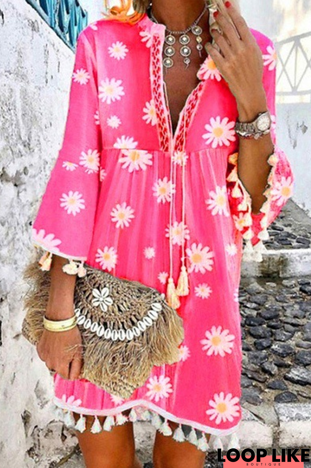 Elegant Patchwork Floral Tassel V Neck A Line Dresses(5 Colors)